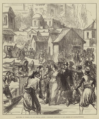 Bocetos en Turquía, europeos insultados en las calles de Constantinopla de Sir John Charles Robinson